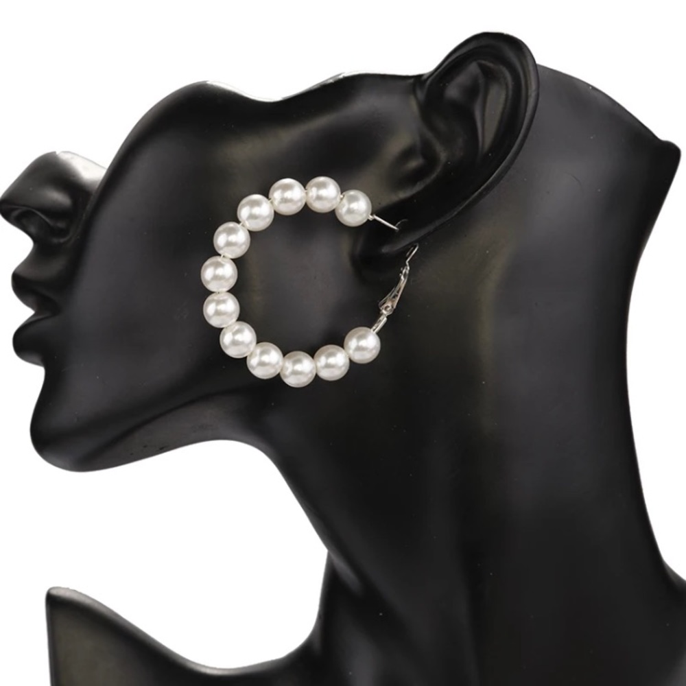 Silver Tone Pearl Hoop Earrings - Picture 3 of 5